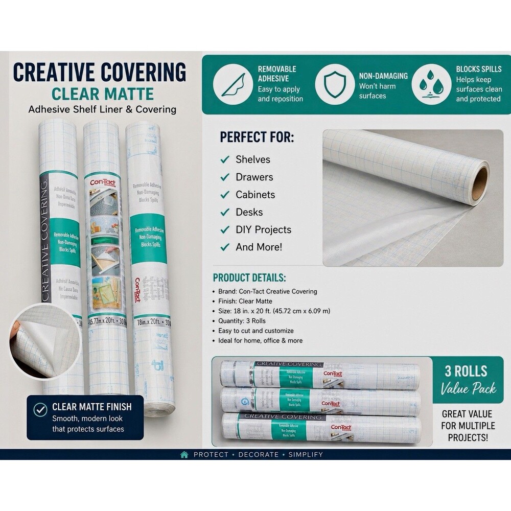 Con-Tact Clear Matte Self-Adhesive Shelf Liner 18in x 20ft Grid 3 Rolls